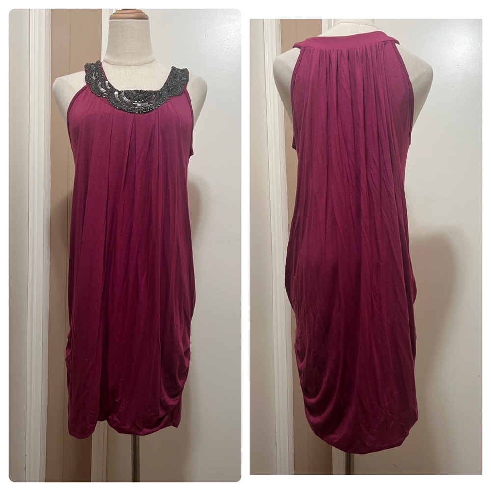 Twelve By Twelve Burgundy Sleeveless Ruched Dress Embellished Womens Size L.
